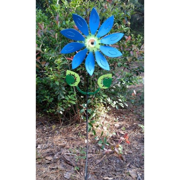 The Lazy Scroll Kinetic Metal Yard Art Garden Flower Motion Spinner Teal  Yellow flowerbluegreen